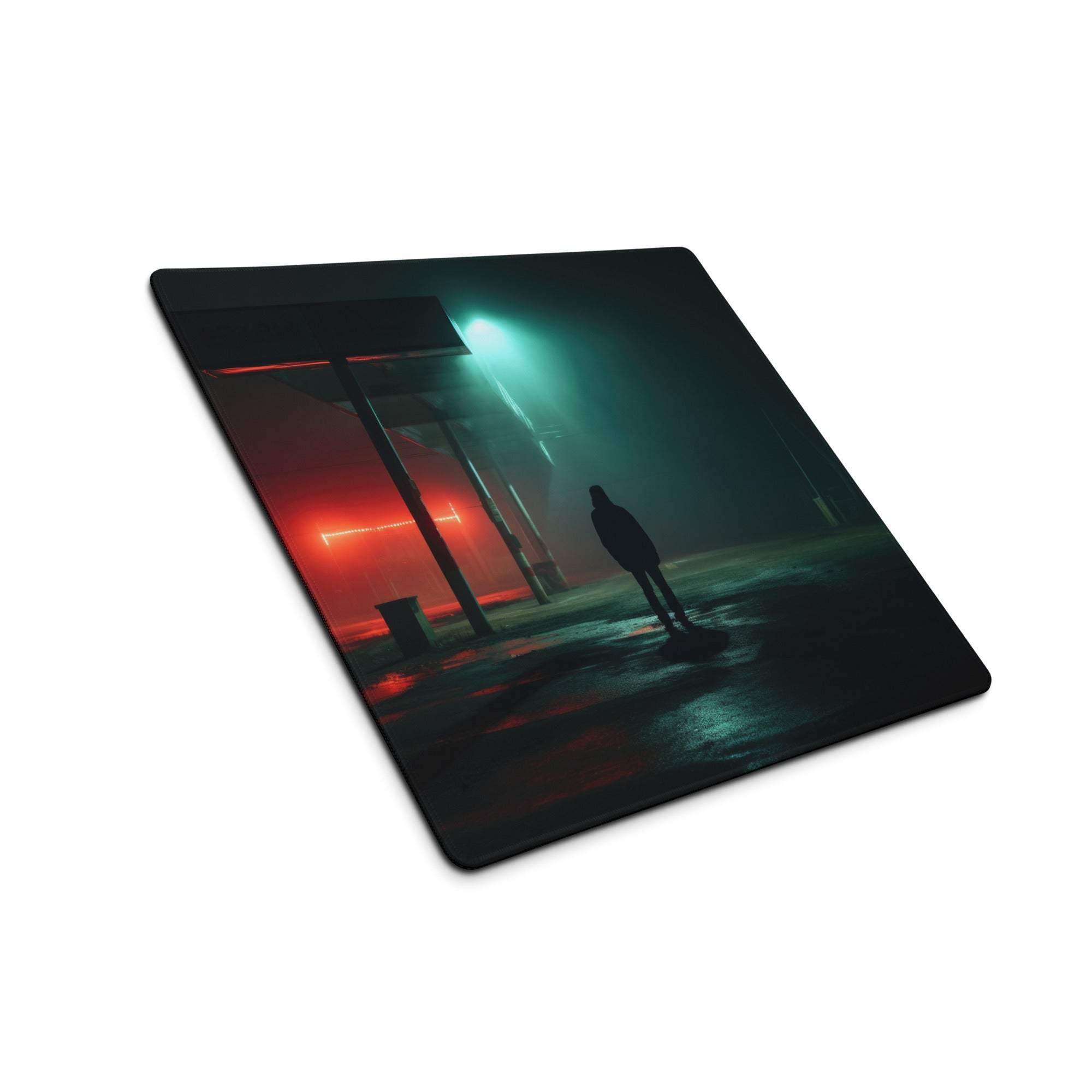 Noir Neon Night gaming mouse pad with moody neon urban figure in mist