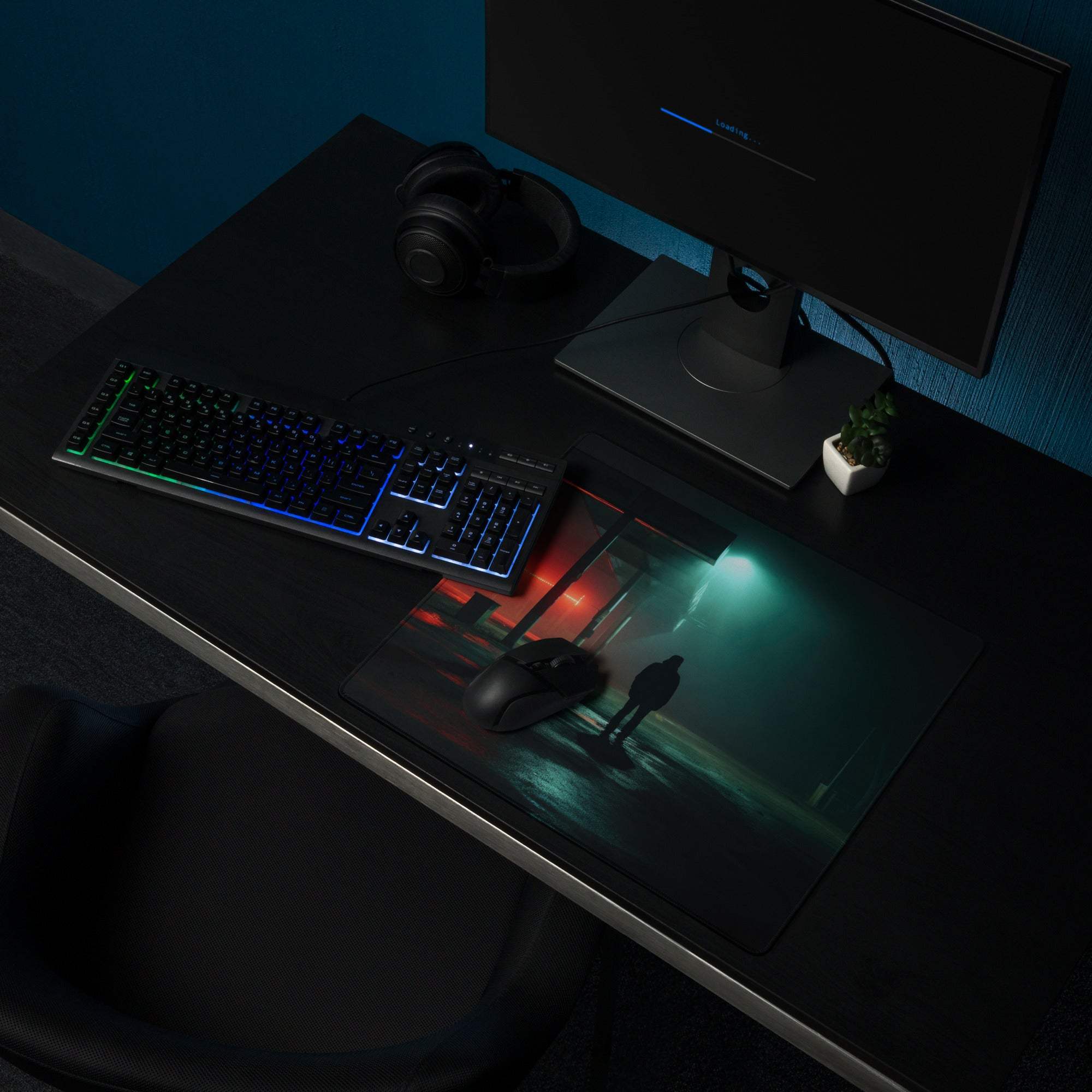 Noir Neon Night large gaming mouse pad with neon-lit lone figure scene