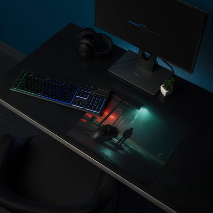 Noir Neon Night large gaming mouse pad with neon-lit lone figure scene