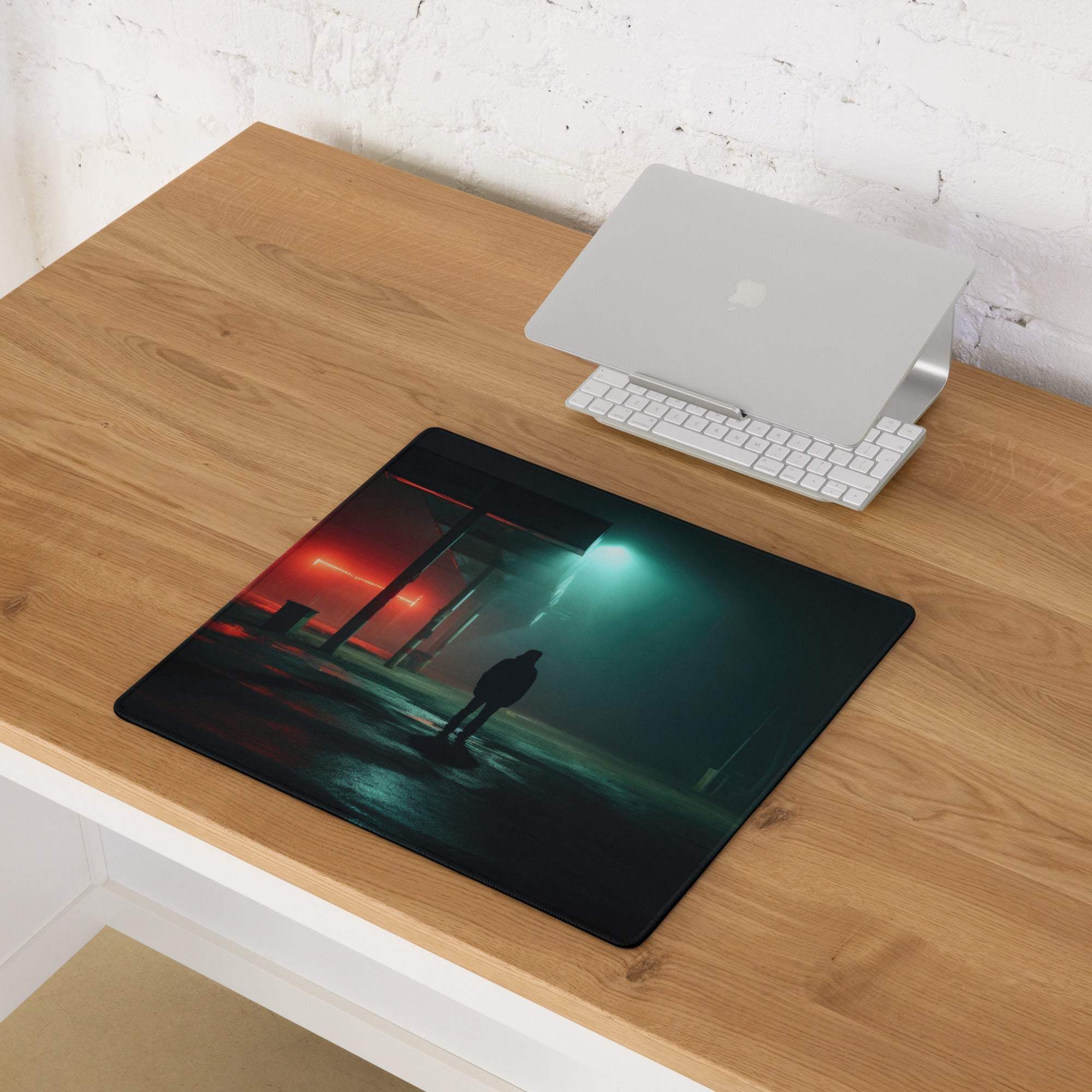 Black rectangular Noir Neon Night gaming mouse pad with moody alley neon scene