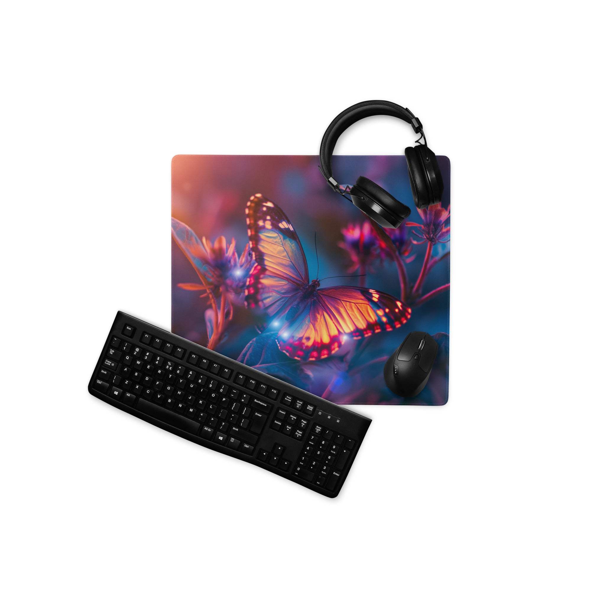Vibrant butterfly garden gaming mouse pad with glossy iridescent wings, large non-slip surface