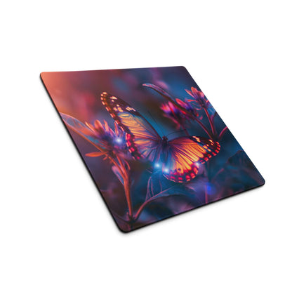 Vibrant orange black butterfly glow gaming mouse pad on purple flowers