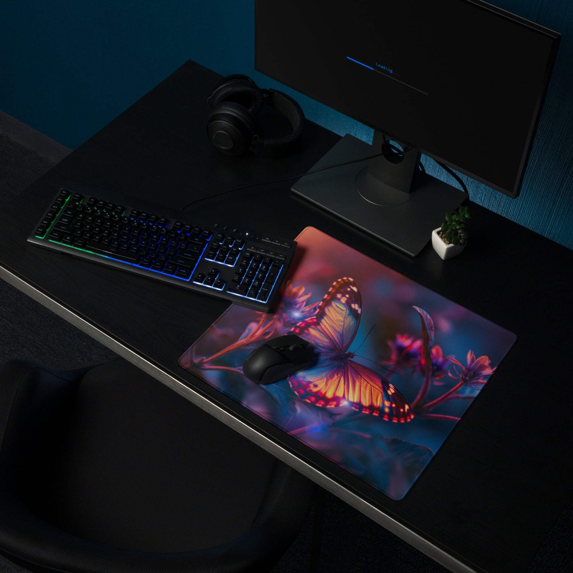 Vibrant butterfly garden gaming mouse pad with orange purple butterfly glowing flowers large non-slip surface