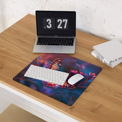 Vibrant butterfly garden gaming mouse pad with colorful glow, large surface, non-slip backing