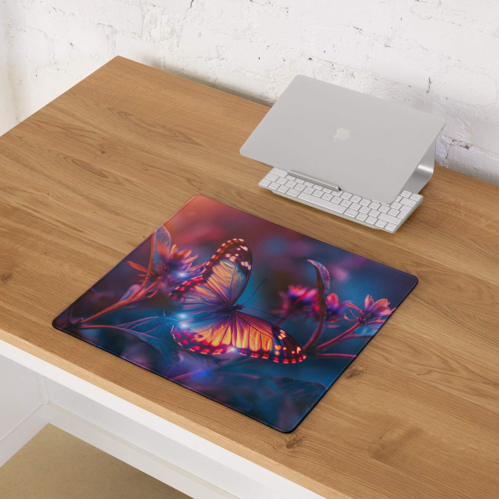 Vibrant butterfly garden gaming mouse pad with glossy iridescent wings, large non-slip surface