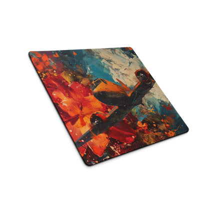Vibrant orange airplane abstract on square coaster mouse pad, large non-slip gaming base