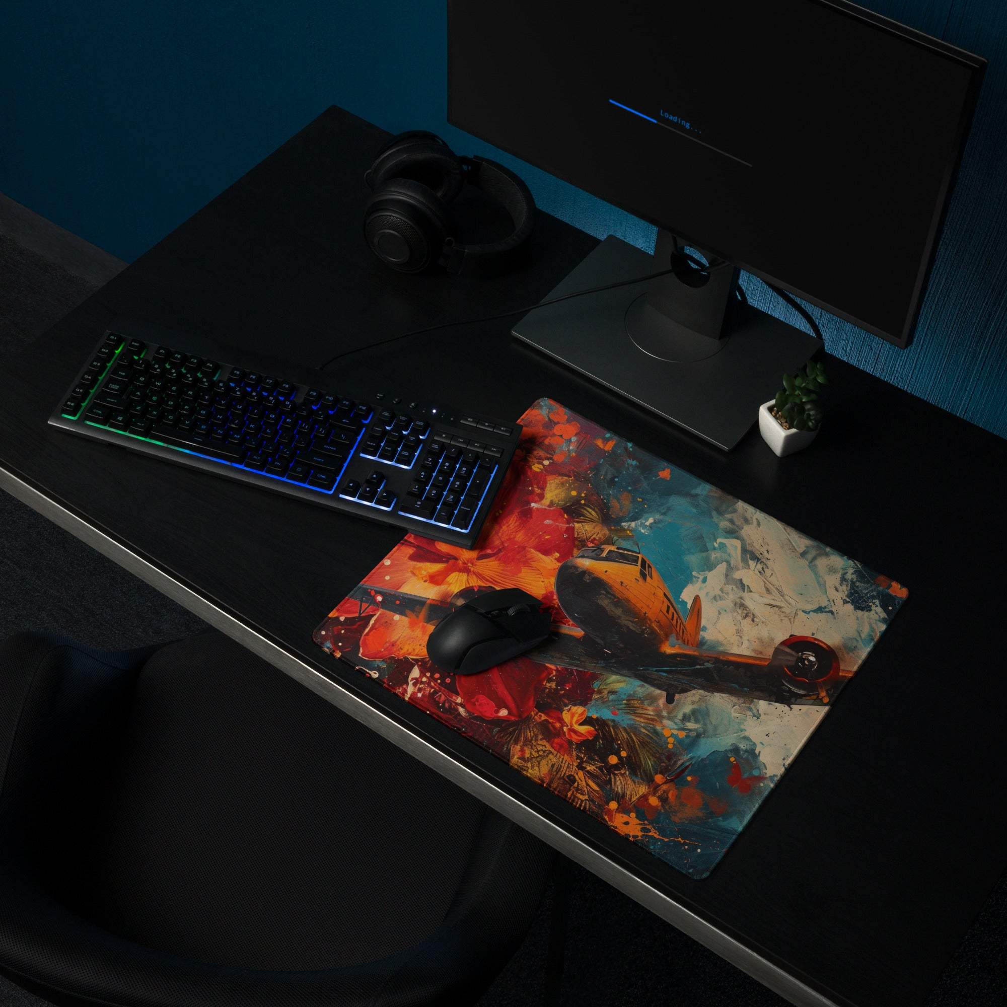 Vibrant airplane artwork gaming mouse pad large size non-slip base