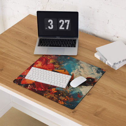 Vibrant airplane abstract gaming mouse pad with red orange teal splashes