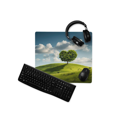 Vibrant green heart tree on hill mouse pad with headphones and mouse