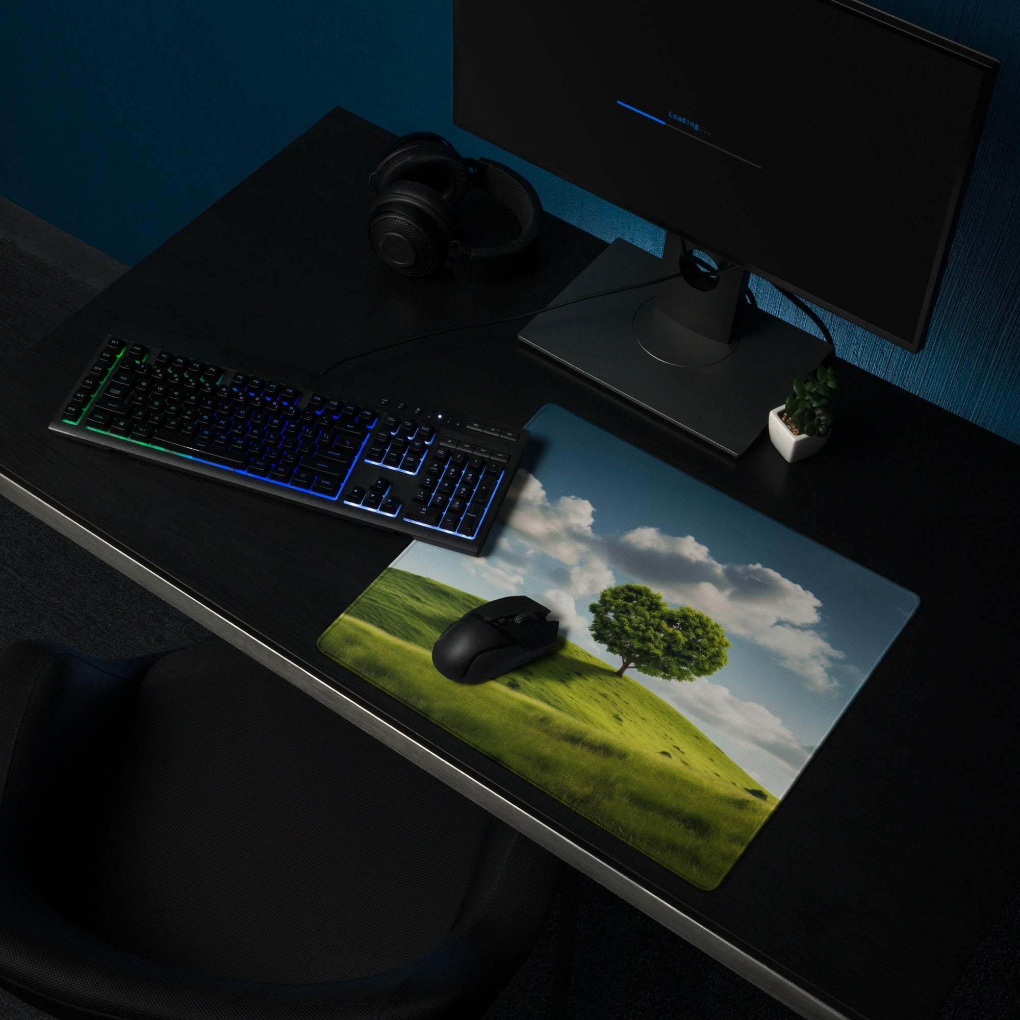 Vibrant green hill with tree under blue sky large gaming mouse pad
