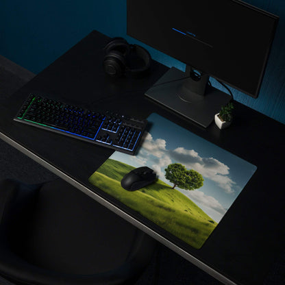 Vibrant green hill with tree under blue sky large gaming mouse pad