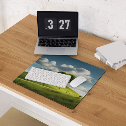 Vibrant landscape large gaming mouse pad with green hills, tree, blue sky, clouds