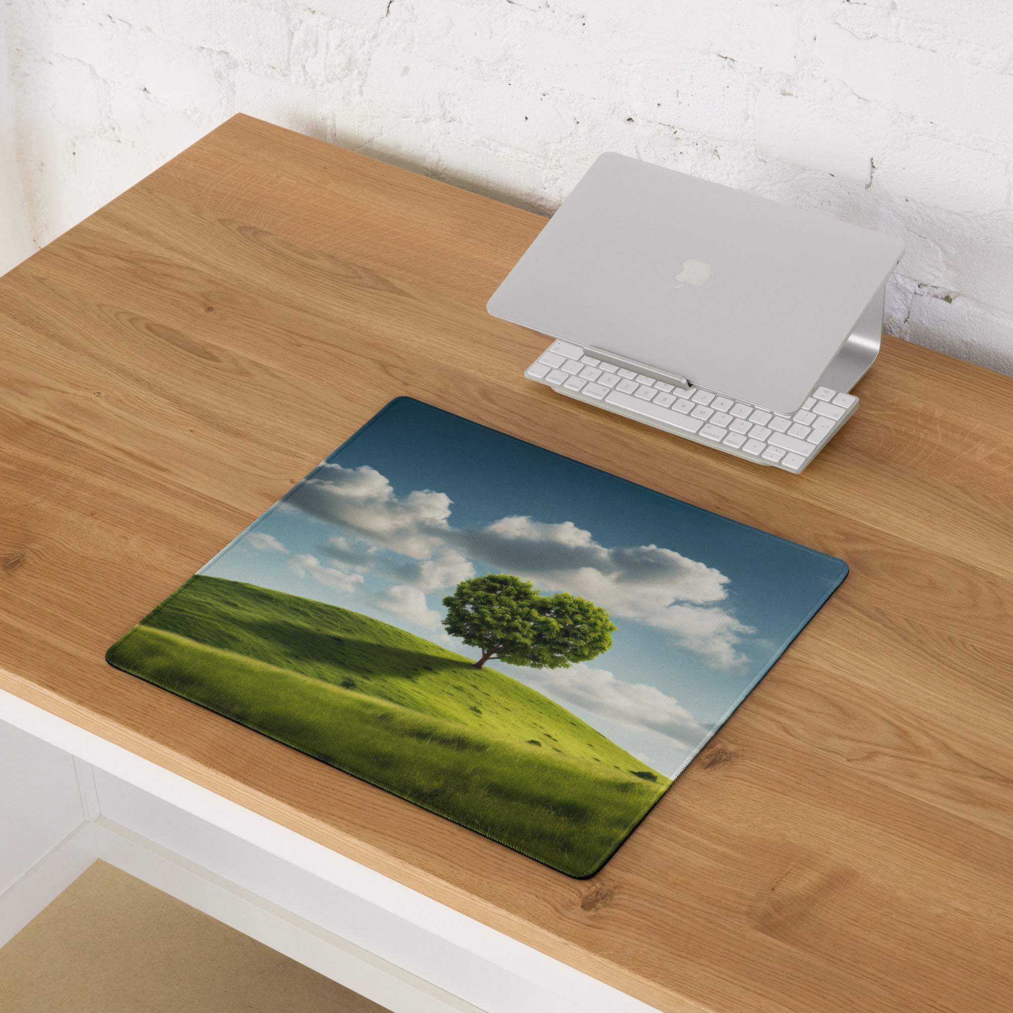 Vibrant landscape gaming mouse pad with heart-shaped green tree on hill