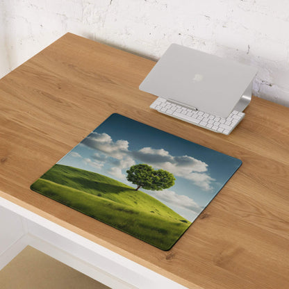 Vibrant landscape gaming mouse pad with heart-shaped green tree on hill