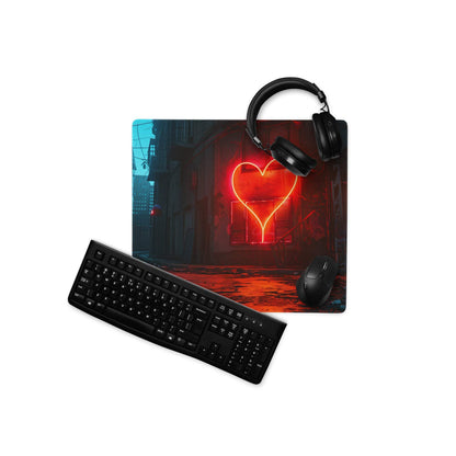 Cyberpunk neon heart alley gaming mousepad with black keyboard and mouse