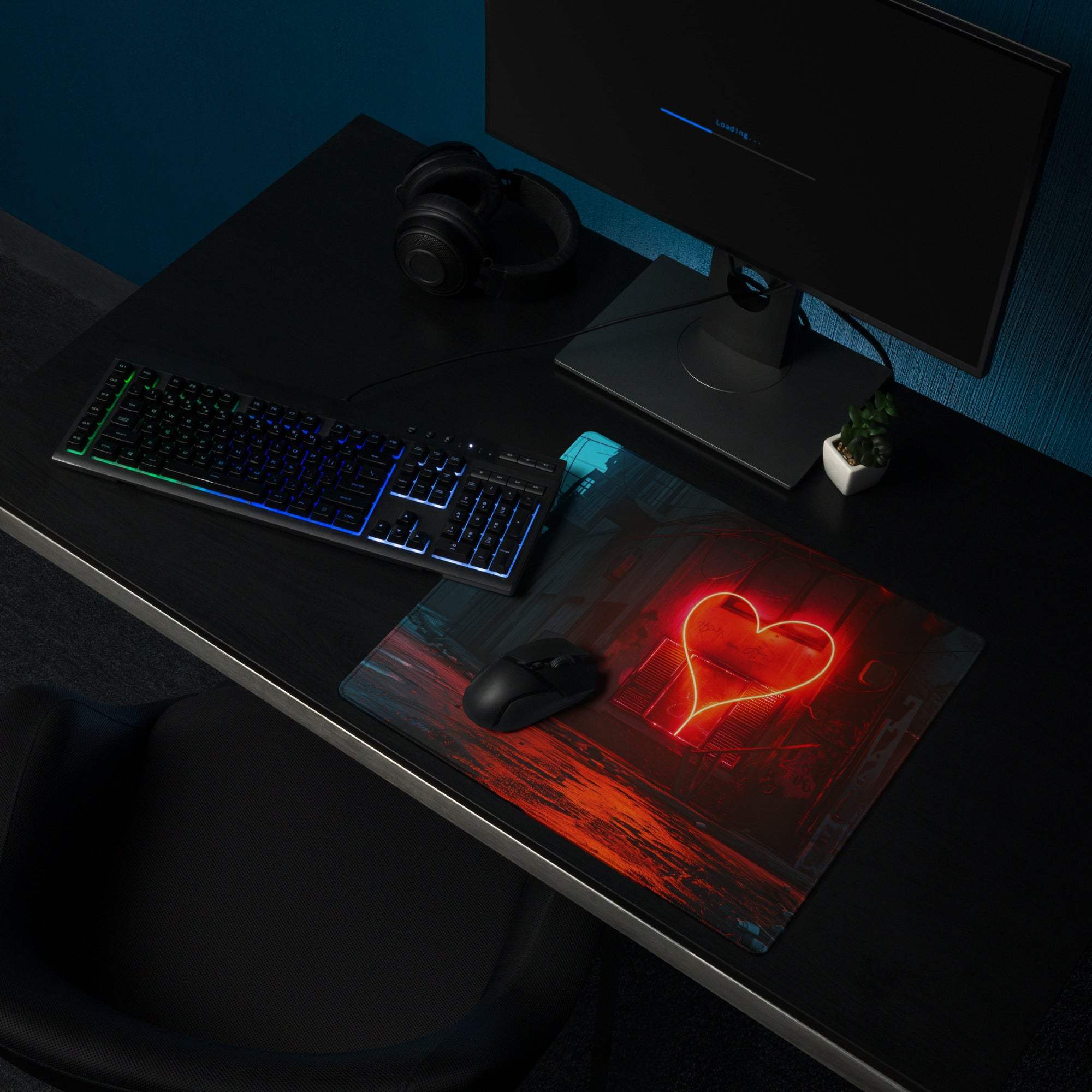 Cyberpunk neon heart in red glow alley at night gaming mouse pad
