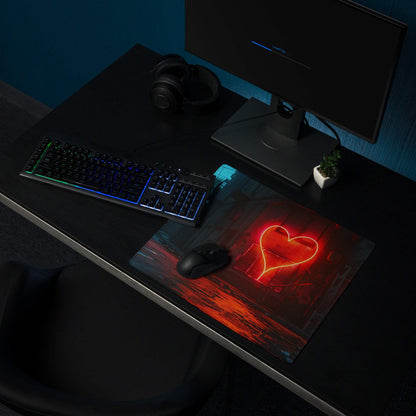 Cyberpunk neon heart in red glow alley at night gaming mouse pad