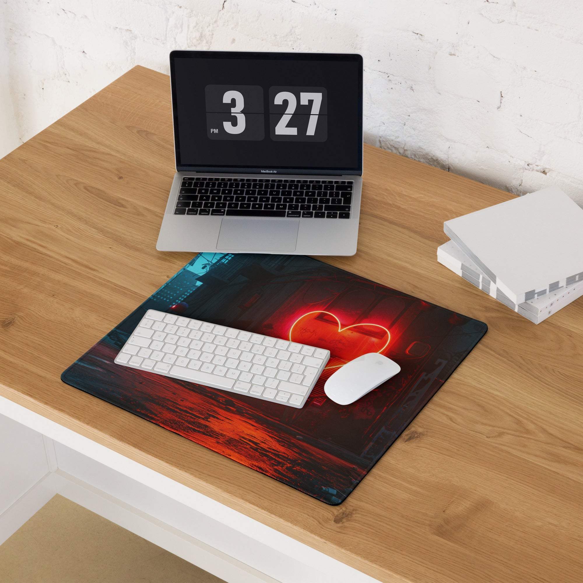 Cyberpunk neon heart in red glow alley at night gaming mouse pad