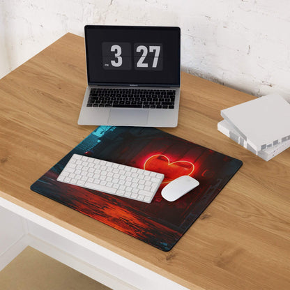 Cyberpunk neon heart in red glow alley at night gaming mouse pad