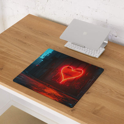 Cyberpunk neon heart gaming mousepad with red glow on dark urban alley background