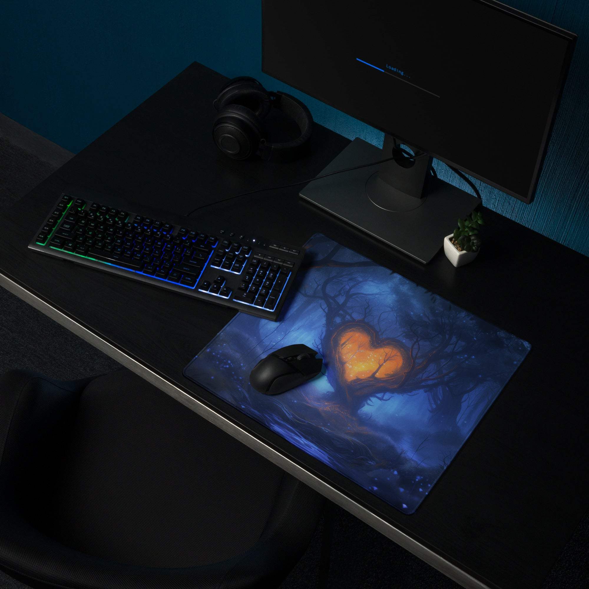 Epic Enchanting Fantasy Forest Heart Grove Twilight Mist blue orange glowing gaming mousepad