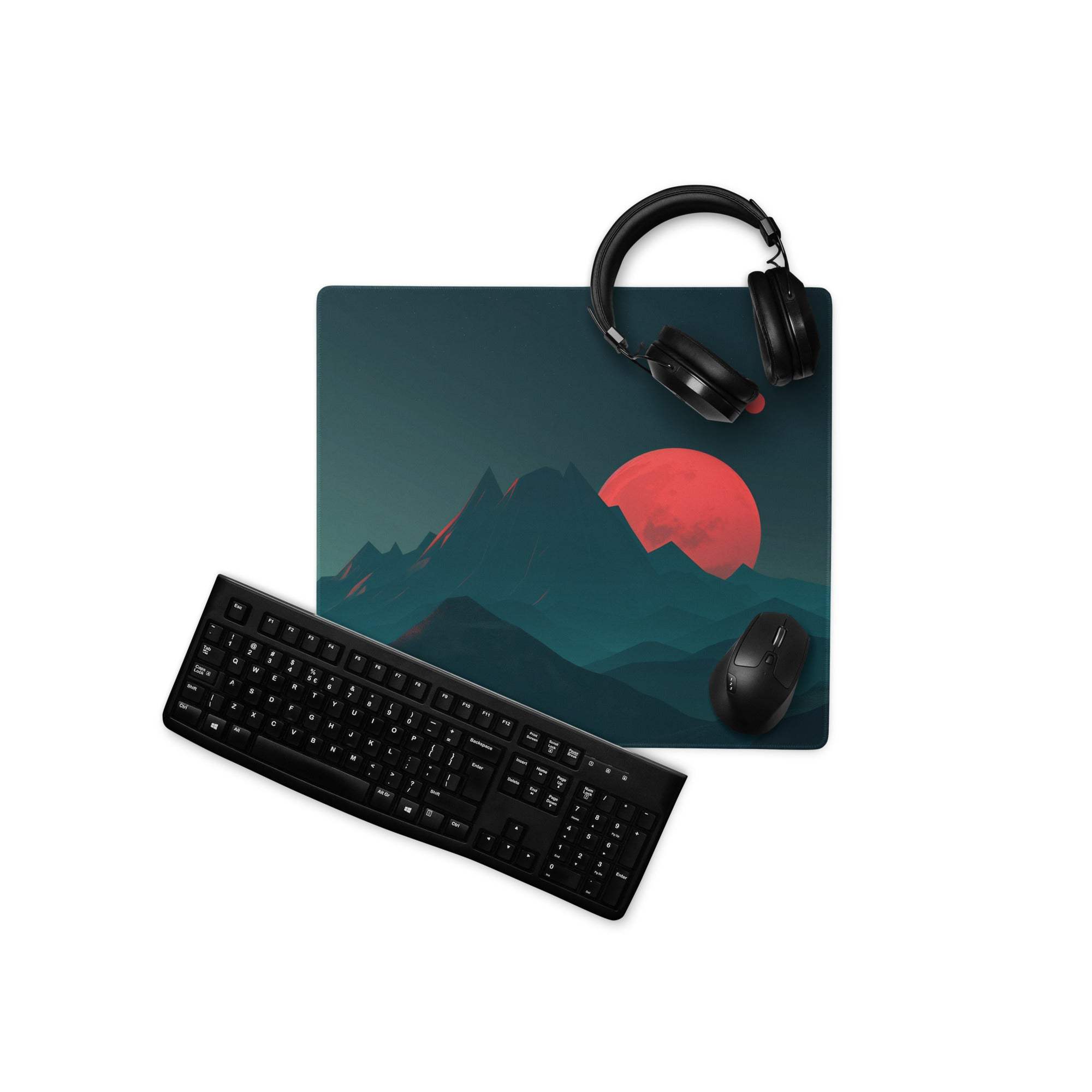 Dark teal Epic Mountain Landscape mousepad with stylized sunset mountains