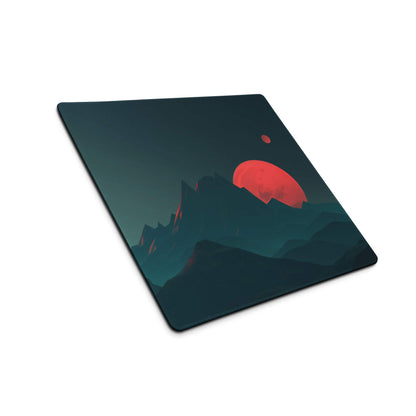 Dark teal Epic Mountain Landscape gaming mousepad with stylized mountains, red sun and moon