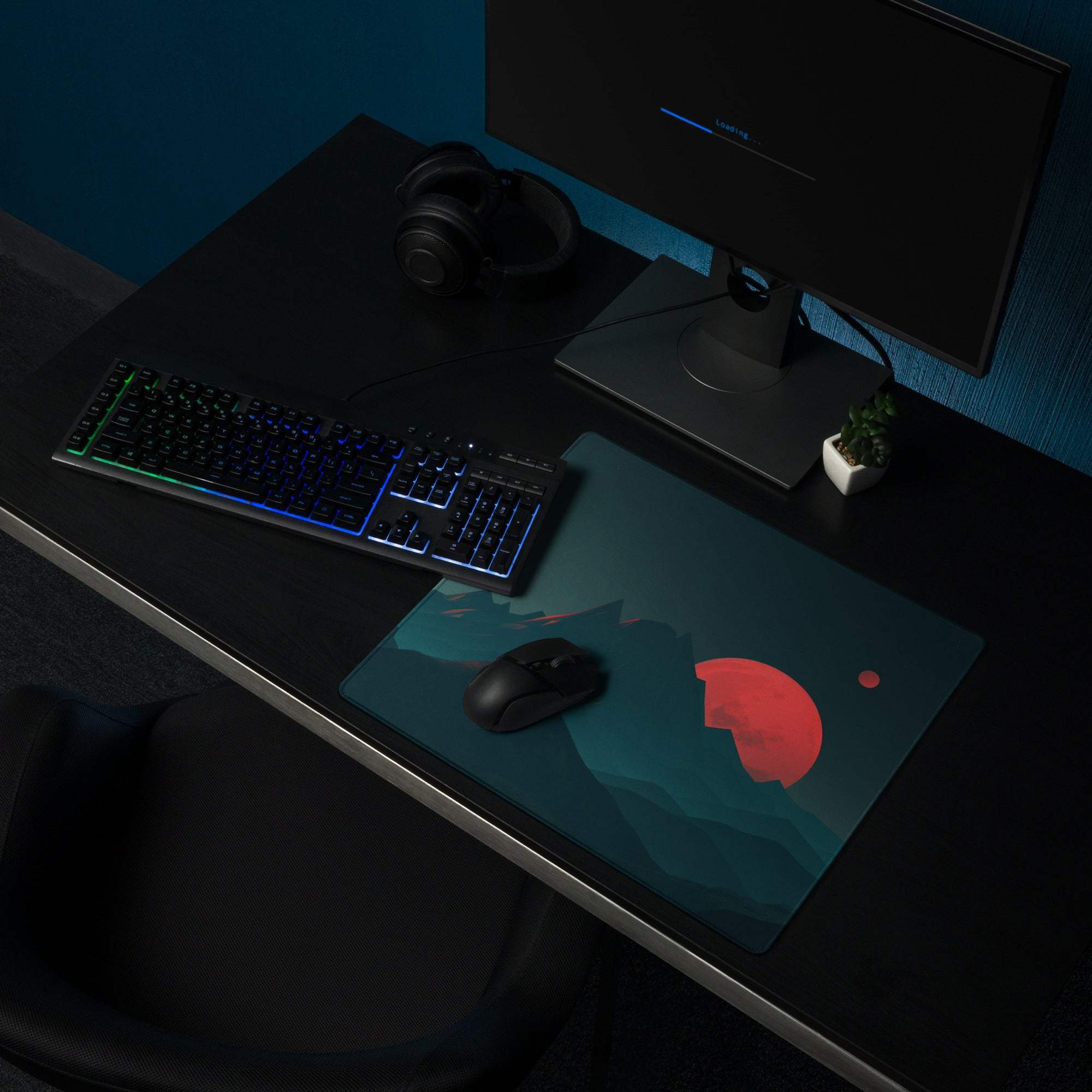 Dark teal gaming mousepad with red planet and epic mountain moonlit sunset design