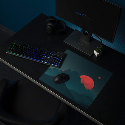 Dark teal gaming mousepad with red planet and epic mountain moonlit sunset design