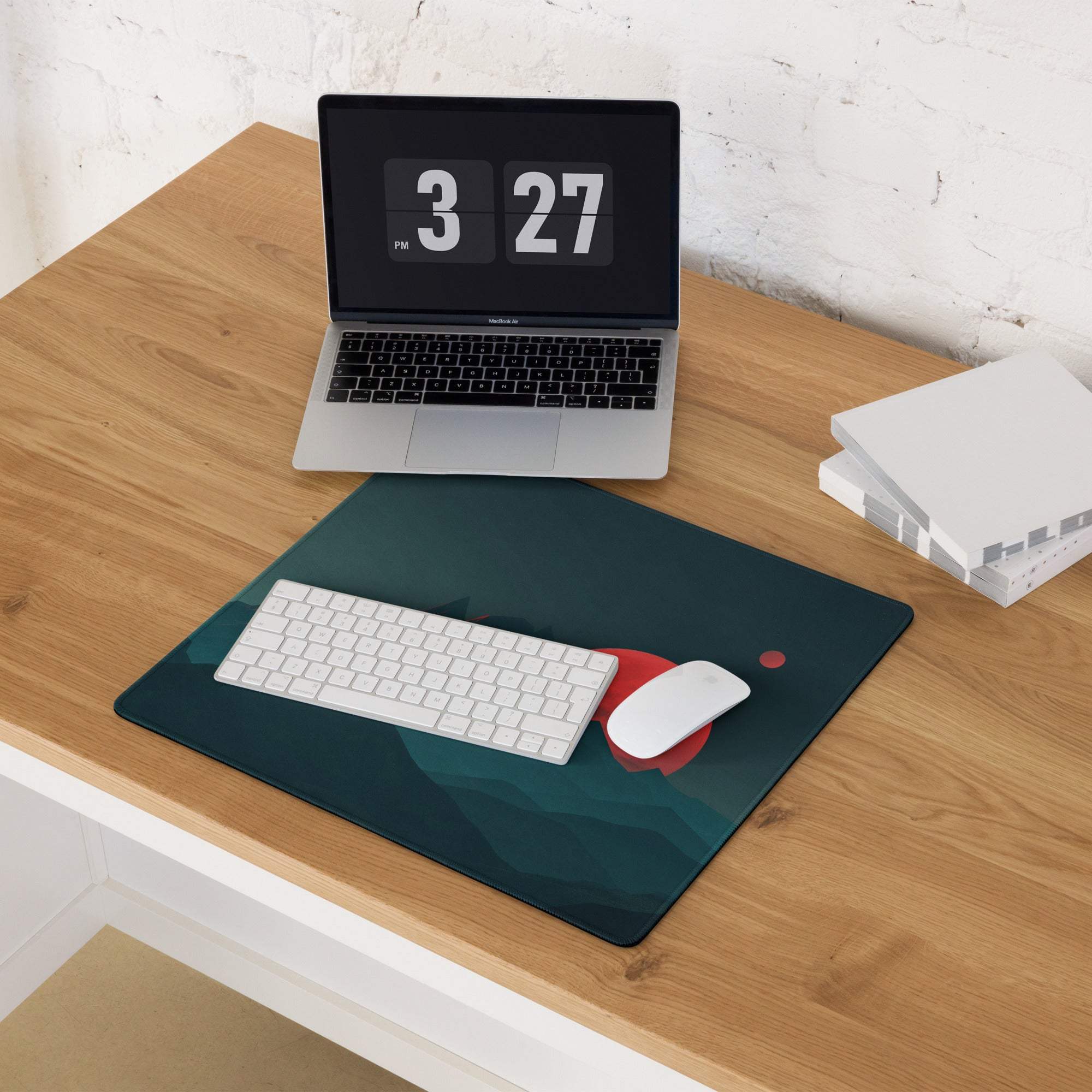 Dark teal gaming mousepad with minimalist red santa hat design