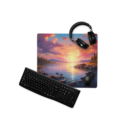 Vibrant sunset lake gaming mouse pad with non-slip base and stitched edges