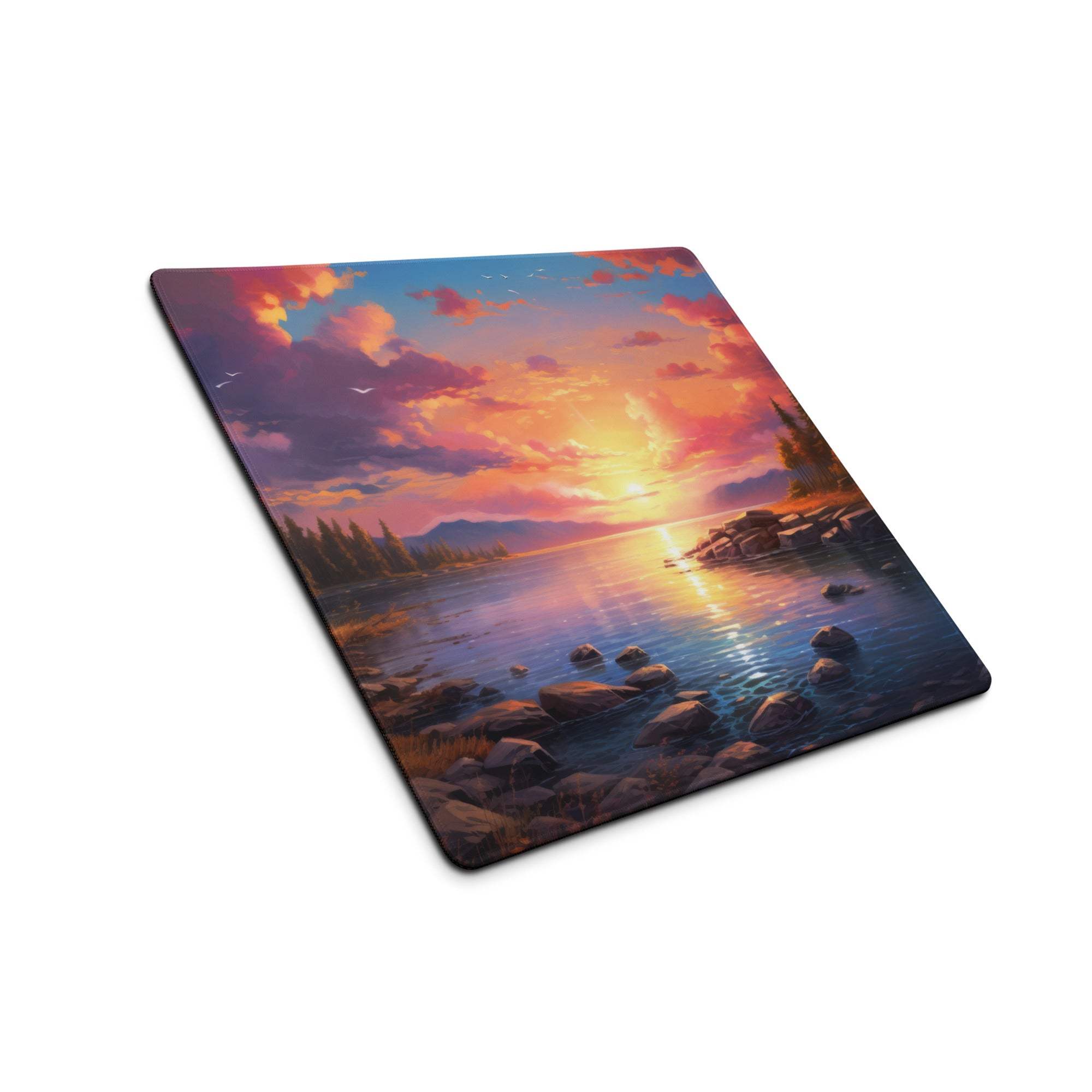 Vibrant sunset lake gaming mouse pad with non-slip base and stitched edges