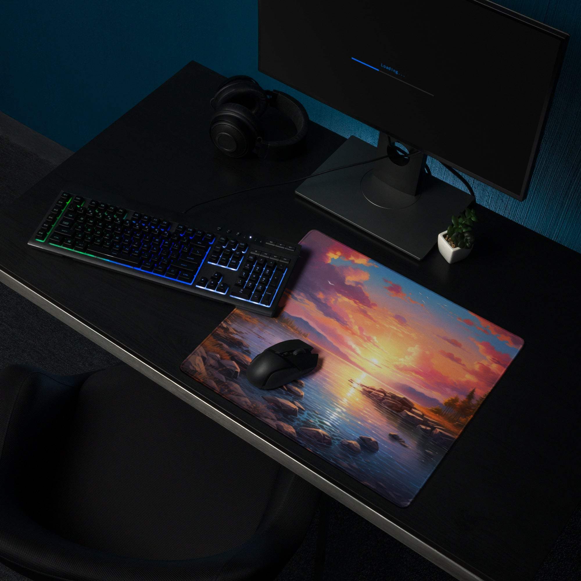 Sunset lake gaming mouse pad with vibrant orange pink hues, non-slip base