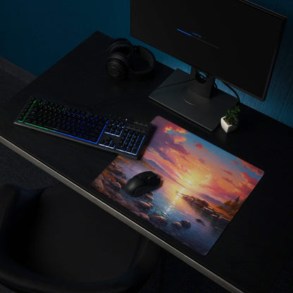 Sunset lake gaming mouse pad with vibrant orange pink hues, non-slip base