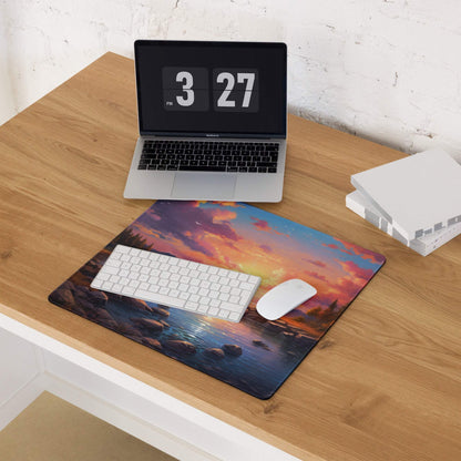 Vibrant sunset lake gaming mouse pad with rocky shore, non-slip base, stitching