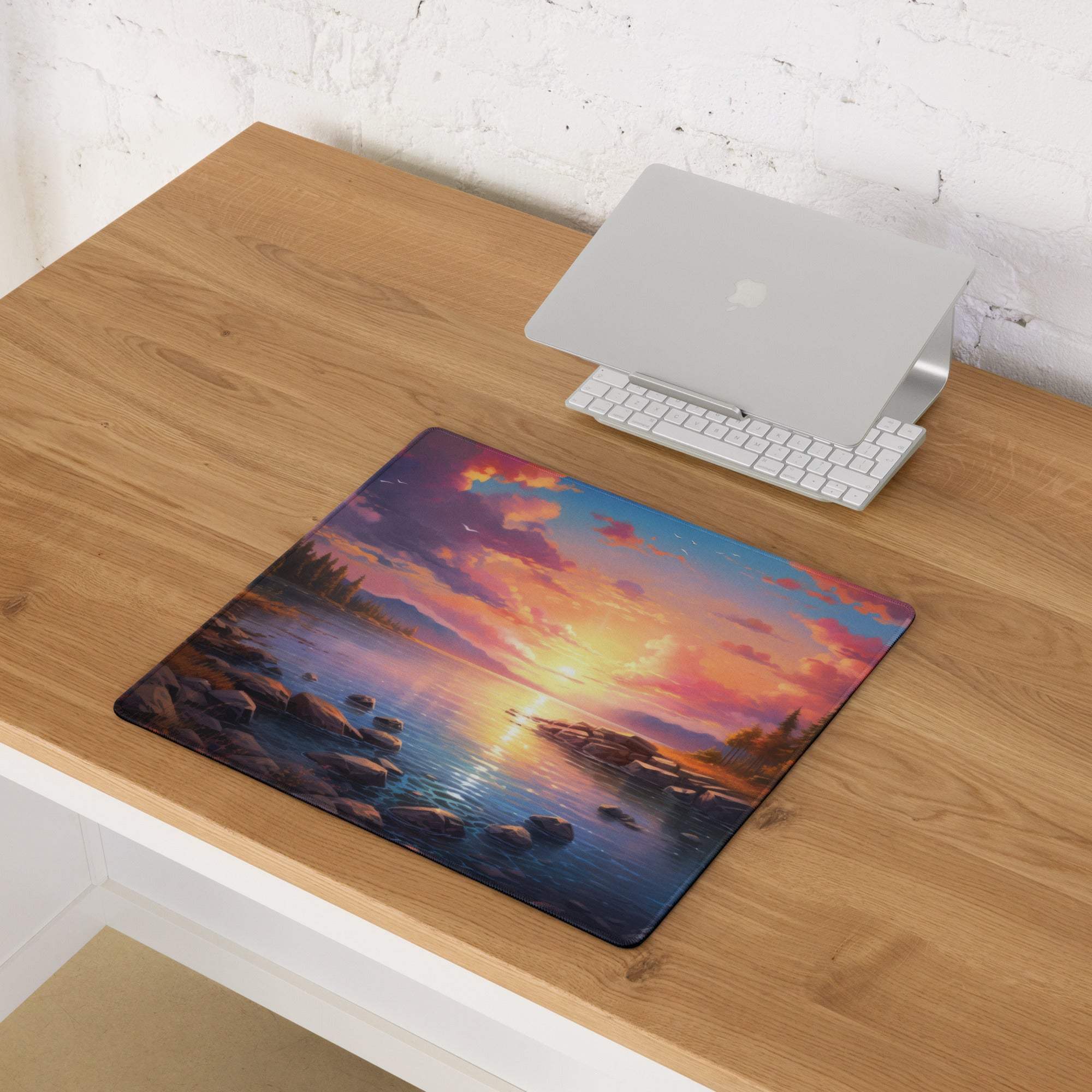 Vibrant sunset lake gaming mouse pad with rocks, non-slip base, stitched edges