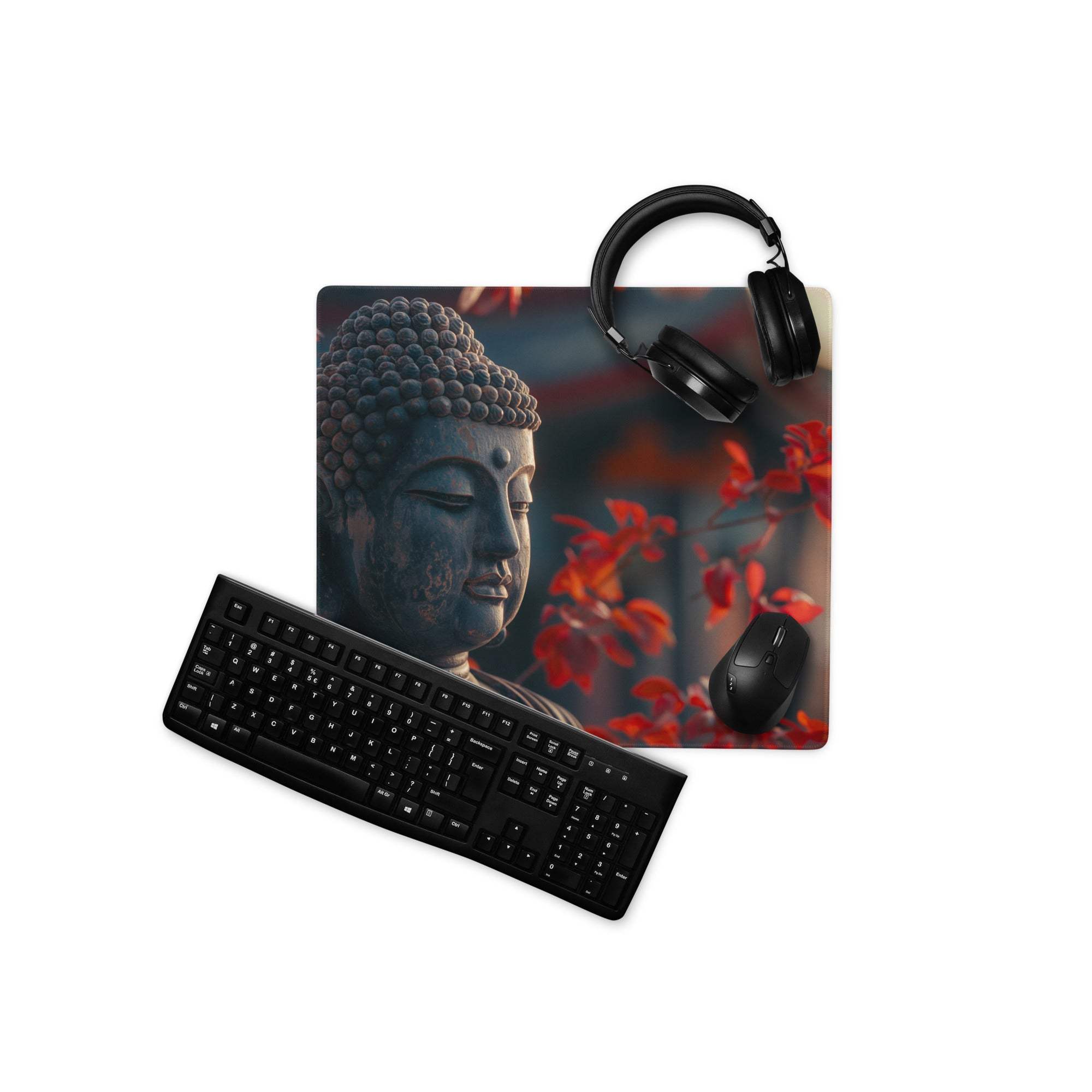 Premium large non-slip gaming desk pad with serene dark Buddha statue and red foliage