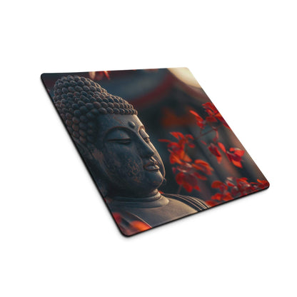 Square Buddha stone statue gaming mousepad with red floral sunset accents