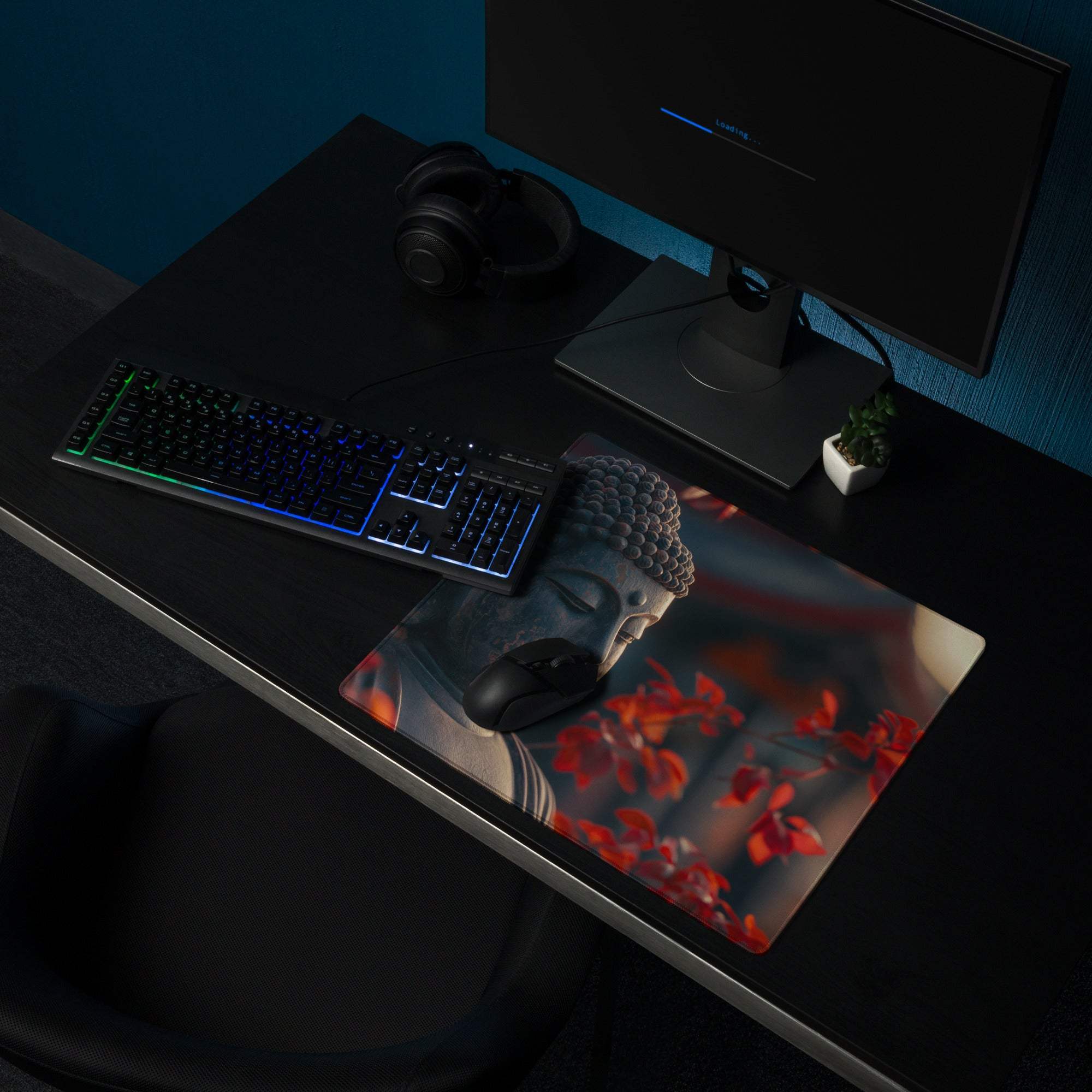 Premium large zen Buddha gaming mouse pad with red petals on dark background