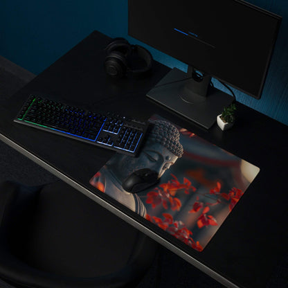Premium large zen Buddha gaming mouse pad with red petals on dark background