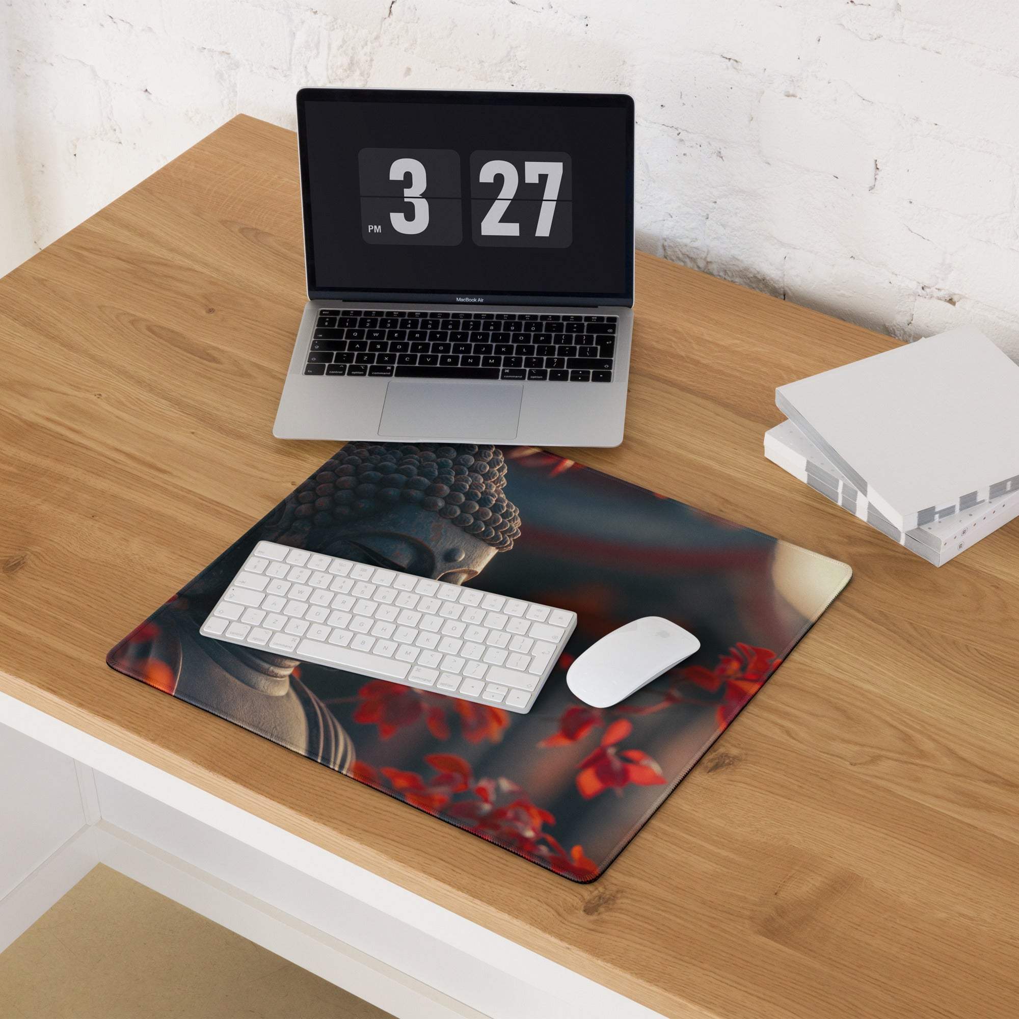 Premium large zen Buddha gaming mouse pad with red floral accents