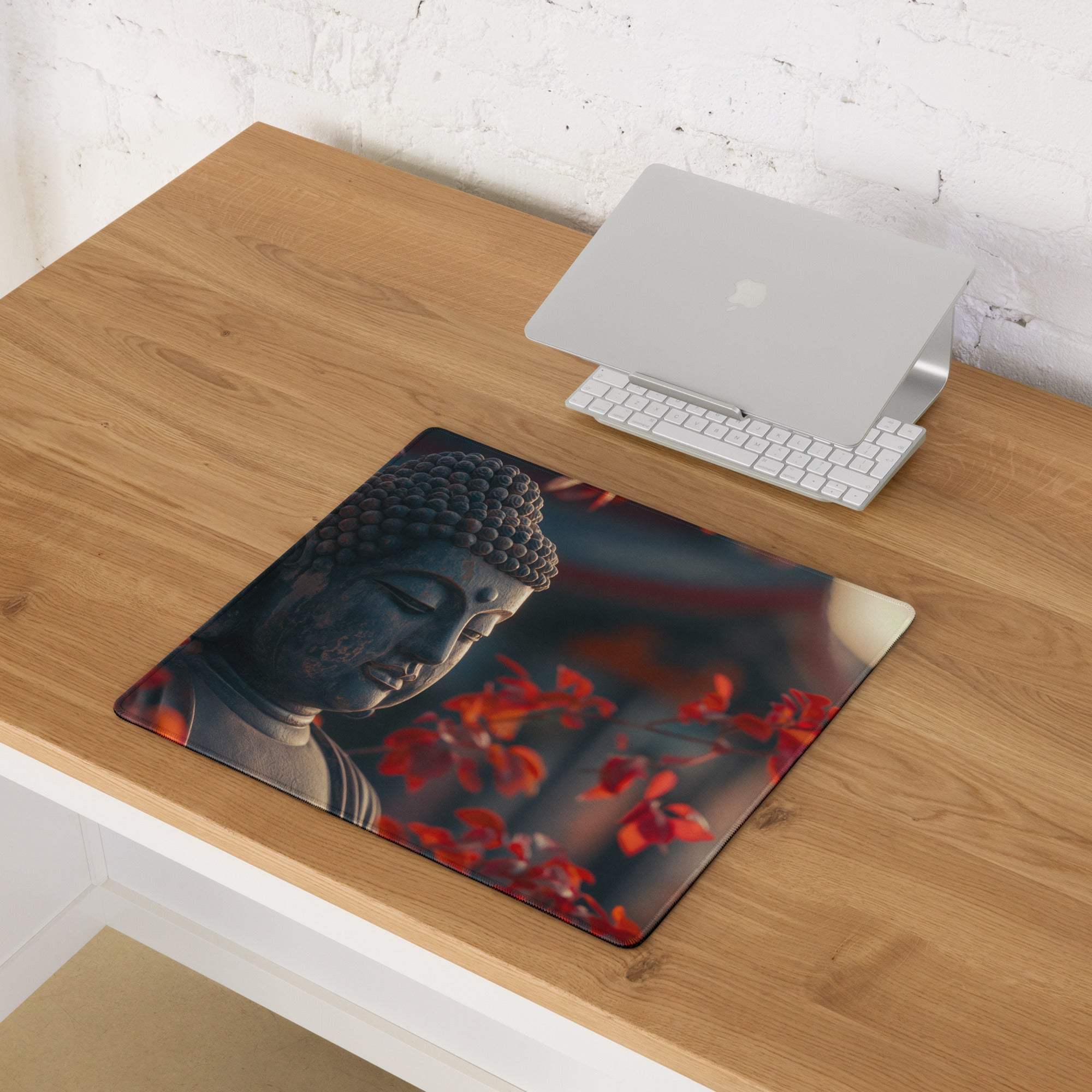 Premium large zen calm gaming mouse pad with serene Buddha head and autumn sunset blossoms