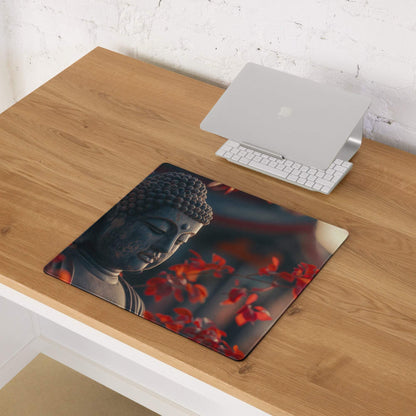 Premium large zen calm gaming mouse pad with serene Buddha head and autumn sunset blossoms