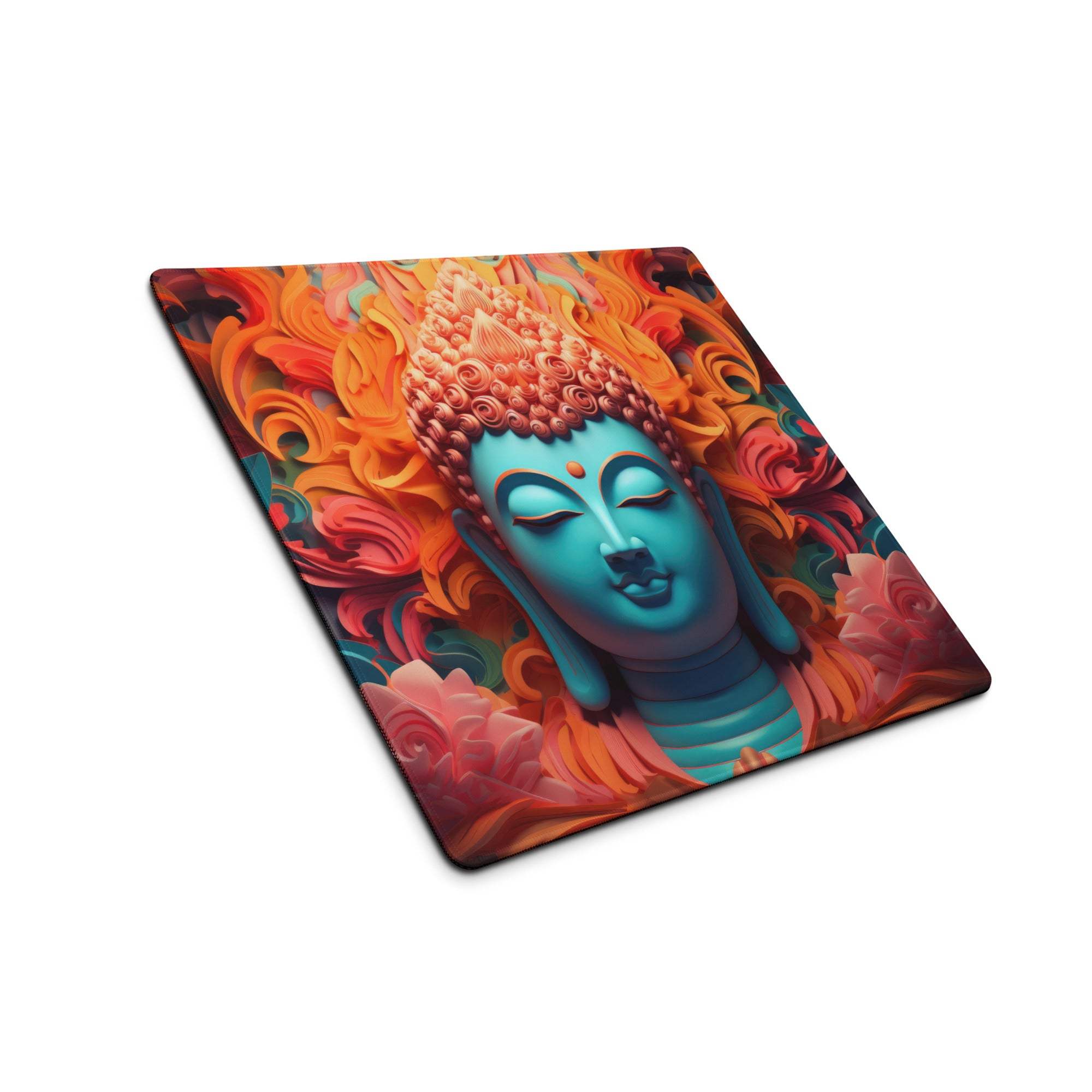 Vibrant turquoise Buddha head with fiery halo on premium gaming mouse pad