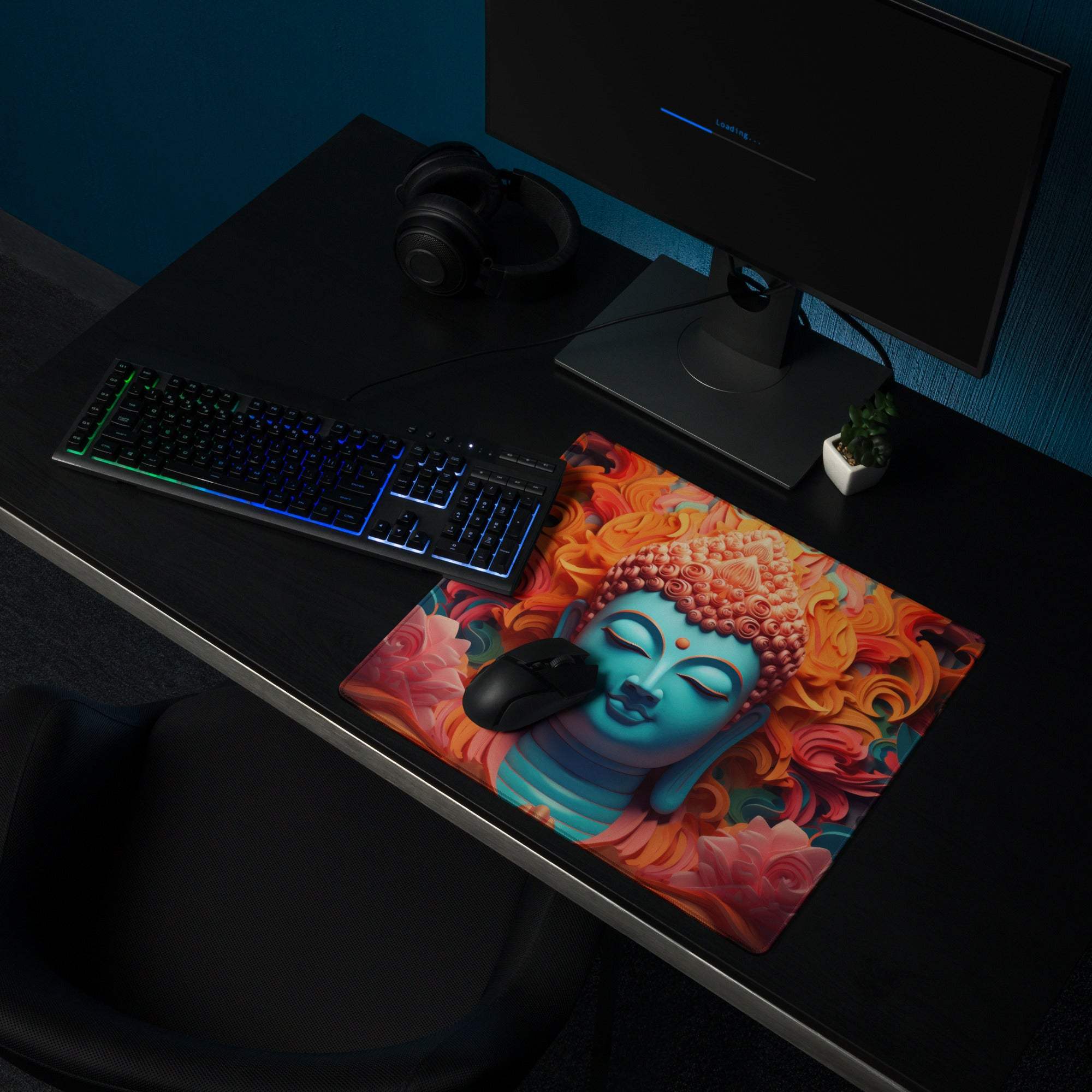 Vibrant turquoise Buddha portrait with fiery floral backdrop gaming mouse pad