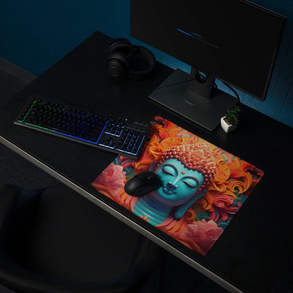 Vibrant turquoise Buddha portrait with fiery floral backdrop gaming mouse pad