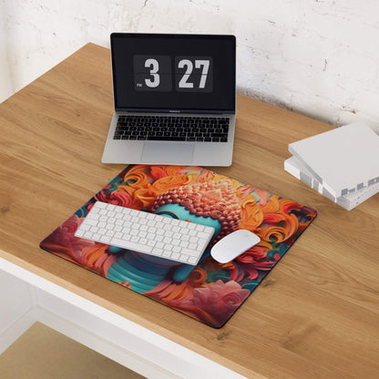 Vibrant turquoise Buddha portrait with fiery floral gaming mouse pad