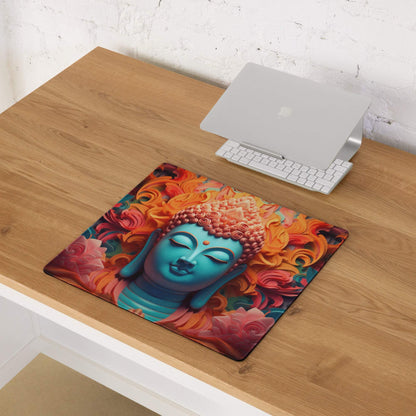 Vibrant turquoise Buddha portrait with fiery floral backdrop gaming mouse pad