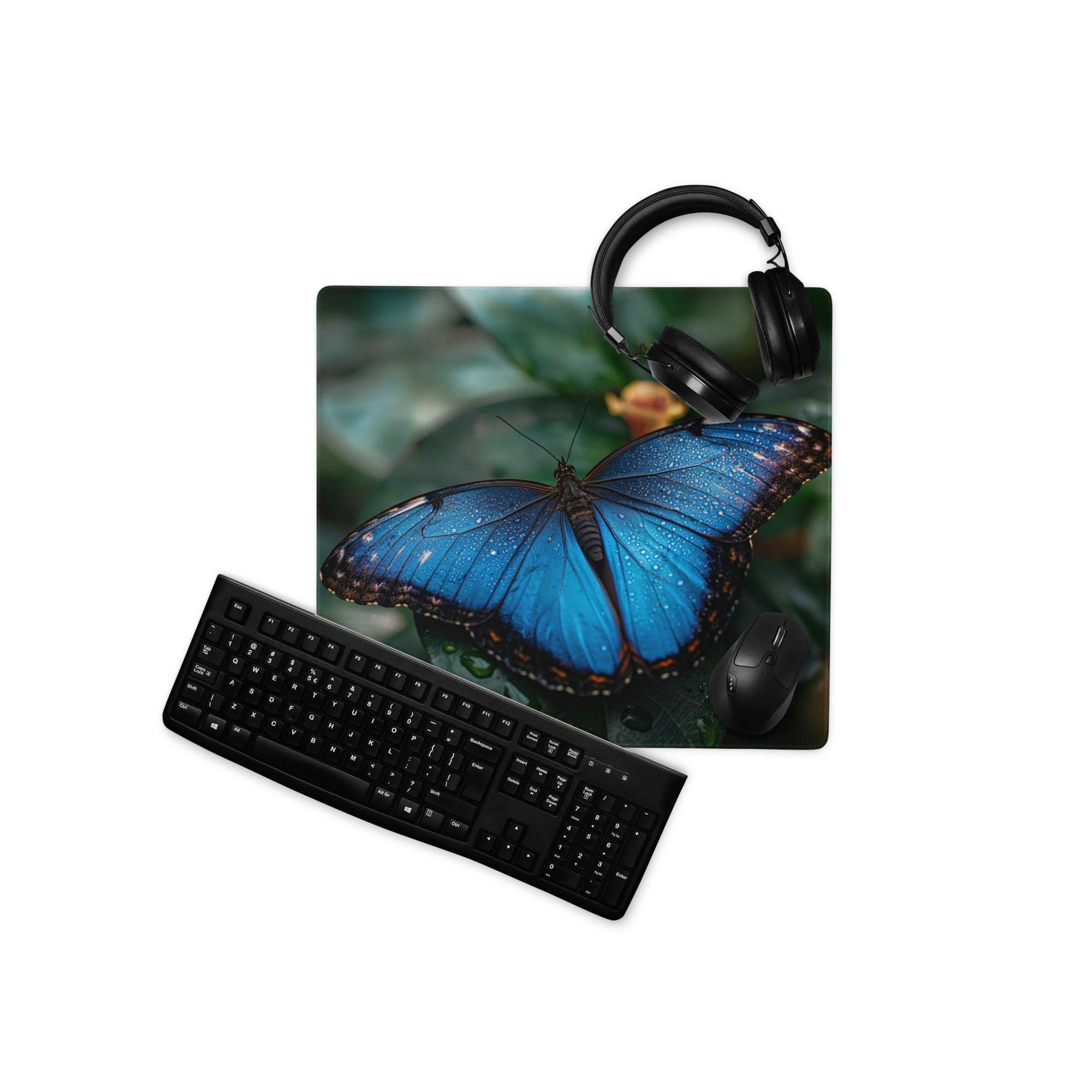 Vibrant blue butterfly large gaming mouse pad with headphones and keyboard