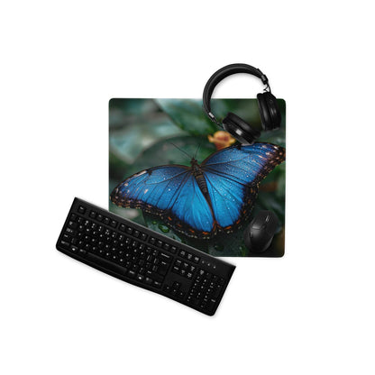 Vibrant blue butterfly large gaming mouse pad with headphones and keyboard